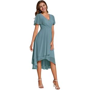 imageEverPretty Womens Chiffon Formal Dresses V Neck Ruffle Sleeves Pleated High Low Wedding Guest Dress 2084Dusty Blue