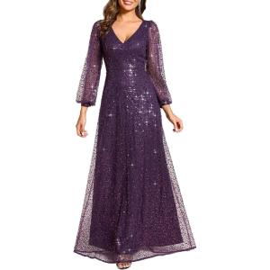 imageEverPretty Womens Elegant V Neck ALine Floor Length Long Sleeves Sparkly Sequin Formal Evening Dress 01999Dark Purple