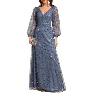 imageEverPretty Womens Elegant V Neck ALine Floor Length Long Sleeves Sparkly Sequin Formal Evening Dress 01999Dusty Blue