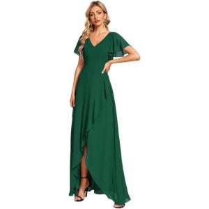imageEverPretty Womens Double V Neck A Line Ruffle Hem Backless High Low Chiffon Bridesmaid Dresses Vestidos Elegante 01749Dark Green