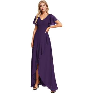 imageEverPretty Womens Double V Neck A Line Ruffle Hem Backless High Low Chiffon Bridesmaid Dresses Vestidos Elegante 01749Deep Purple