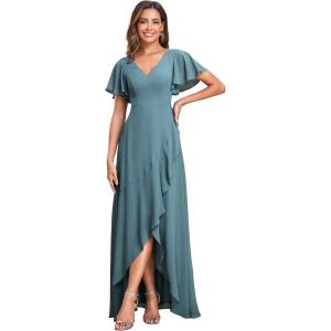 imageEverPretty Womens Double V Neck A Line Ruffle Hem Backless High Low Chiffon Bridesmaid Dresses Vestidos Elegante 01749Dusty Blue