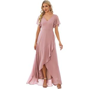 imageEverPretty Womens Double V Neck A Line Ruffle Hem Backless High Low Chiffon Bridesmaid Dresses Vestidos Elegante 01749Dusty Rose