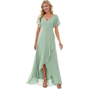 imageEverPretty Womens Double V Neck A Line Ruffle Hem Backless High Low Chiffon Bridesmaid Dresses Vestidos Elegante 01749Mint Green