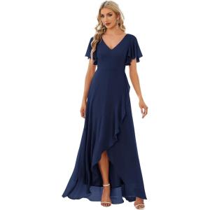 imageEverPretty Womens Double V Neck A Line Ruffle Hem Backless High Low Chiffon Bridesmaid Dresses Vestidos Elegante 01749Navy Blue