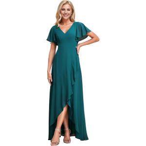 imageEverPretty Womens Double V Neck A Line Ruffle Hem Backless High Low Chiffon Bridesmaid Dresses Vestidos Elegante 01749Teal