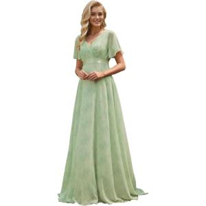 imageEverPretty Womens Formal Dress Elegant V Neck Glitter Long Sleeve Mother of The Bride Dresses Evening Gown Burgundy US04Light Green Roses