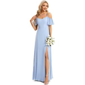 imageEverPretty Womens Formal Dresses Off Shoulder Short Sleeve Split ALine Floor Length Bridesmaid Dresses 0237Ice Blue