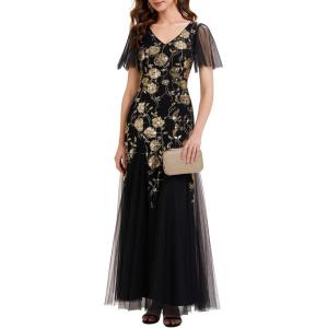 imageEverPretty Womens Formal Wedding Guest Dress Sequin VNeck Short Sleeves Flower Floor Length A Line Ball Gown 02665Black Gold