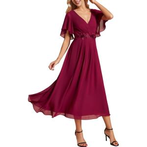 imageEverPretty Womens V Neck Chiffon Applique ALine Elastic Maxi Cocktail Wedding Guest Dress Vestidos Elegante 02093Burgundy