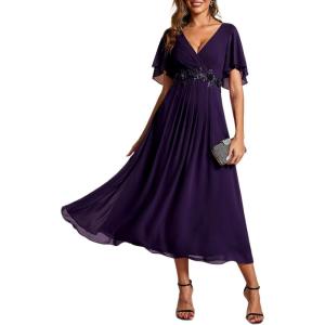 imageEverPretty Womens V Neck Chiffon Applique ALine Elastic Maxi Cocktail Wedding Guest Dress Vestidos Elegante 02093Deep Purple