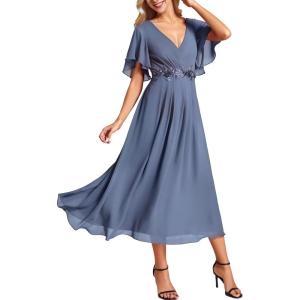 imageEverPretty Womens V Neck Chiffon Applique ALine Elastic Maxi Cocktail Wedding Guest Dress Vestidos Elegante 02093Dusty Navy