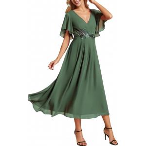 imageEverPretty Womens V Neck Chiffon Applique ALine Elastic Maxi Cocktail Wedding Guest Dress Vestidos Elegante 02093Eucalyptus