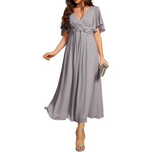 imageEverPretty Womens V Neck Chiffon Applique ALine Elastic Maxi Cocktail Wedding Guest Dress Vestidos Elegante 02093Grey