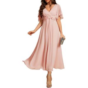 imageEverPretty Womens V Neck Chiffon Applique ALine Elastic Maxi Cocktail Wedding Guest Dress Vestidos Elegante 02093Pink