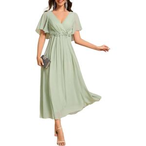 imageEverPretty Womens V Neck Chiffon Applique ALine Elastic Maxi Cocktail Wedding Guest Dress Vestidos Elegante 02093Sege Green