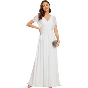 imageEverPretty Womens Bridesmaid Dress VNeck Ruffle Sleeves Ruched Bust Floor Length Chiffon Formal Dresses 0164AWhite