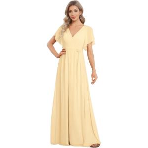 imageEverPretty Womens Bridesmaid Dress VNeck Ruffle Sleeves Ruched Bust Floor Length Chiffon Formal Dresses 0164AYellow