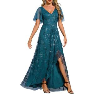 imageEverPretty Womens Shimmery Formal Dress V Neck Sequins ALine Side Slit Elegant Long Evening Dresses 02083Teal