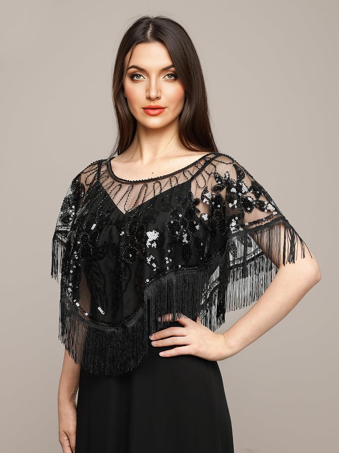 imageEverPretty Womens Elegant Sequin Beaded Flapper Evening Shawls for Women Evening Cocktail Party 02719Black