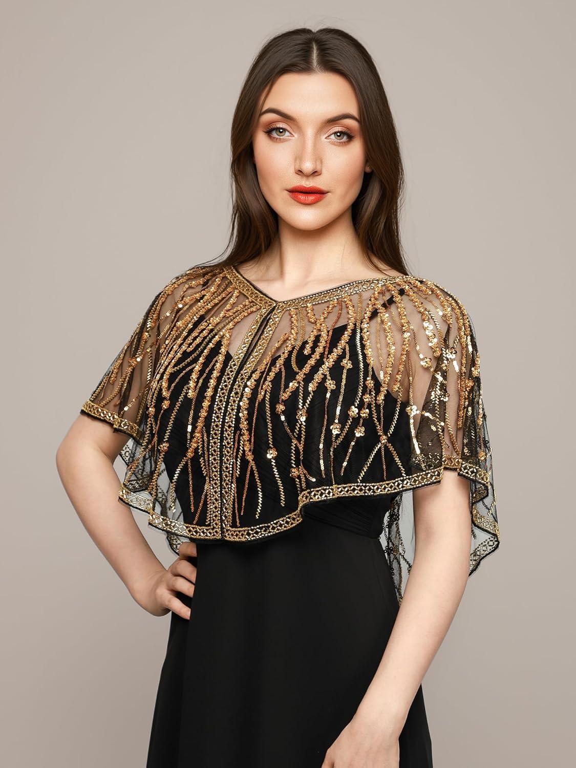 imageEverPretty Womens Sequin Sheer Wrap Shawl for Fomal Evening Cocktail Party 02715Black Gold