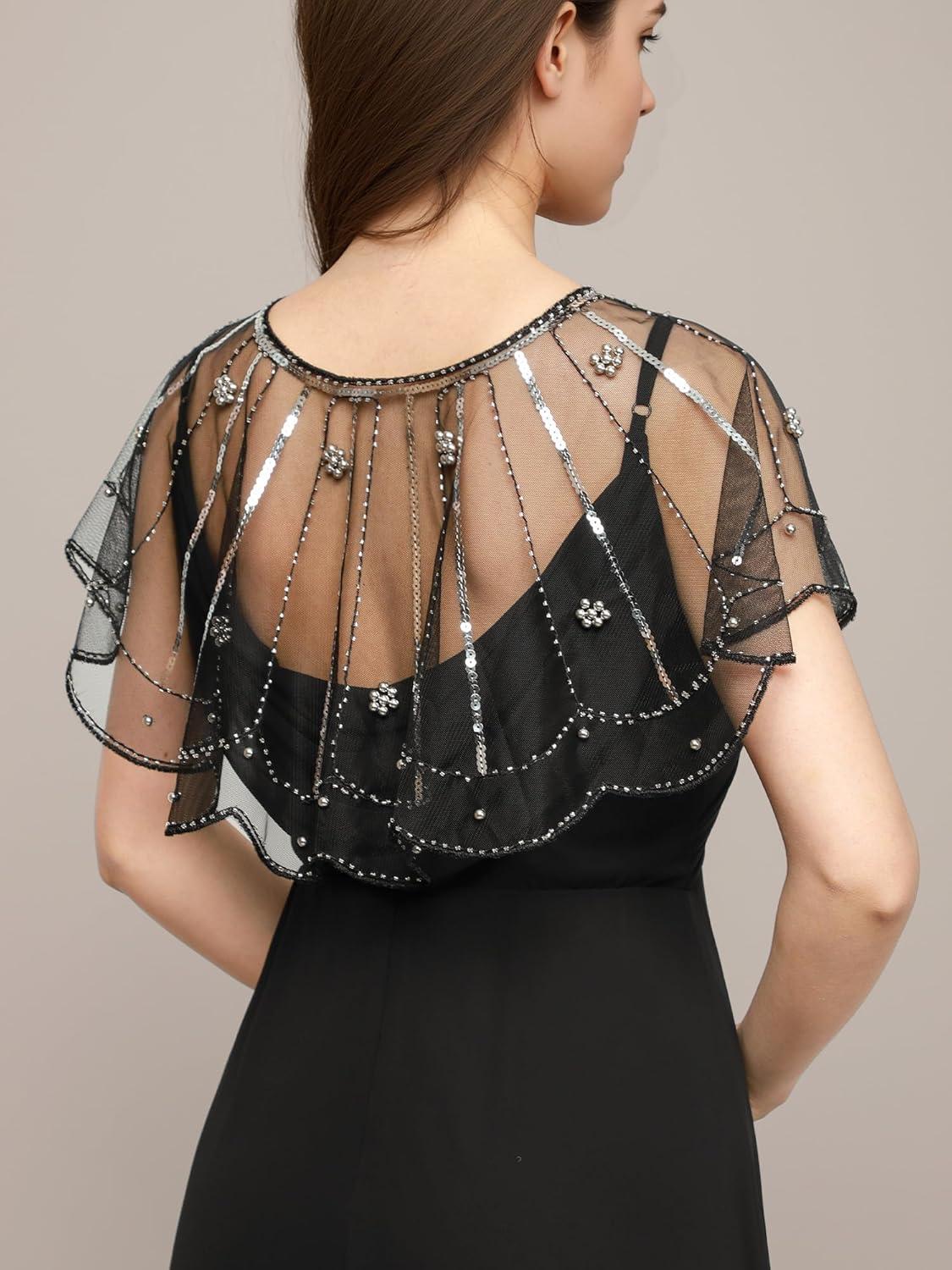 imageEverPretty Womens Sparkly Sequin Mesh Capelet Shawl for Gatsby Accessories for Harlem Night 02718Black