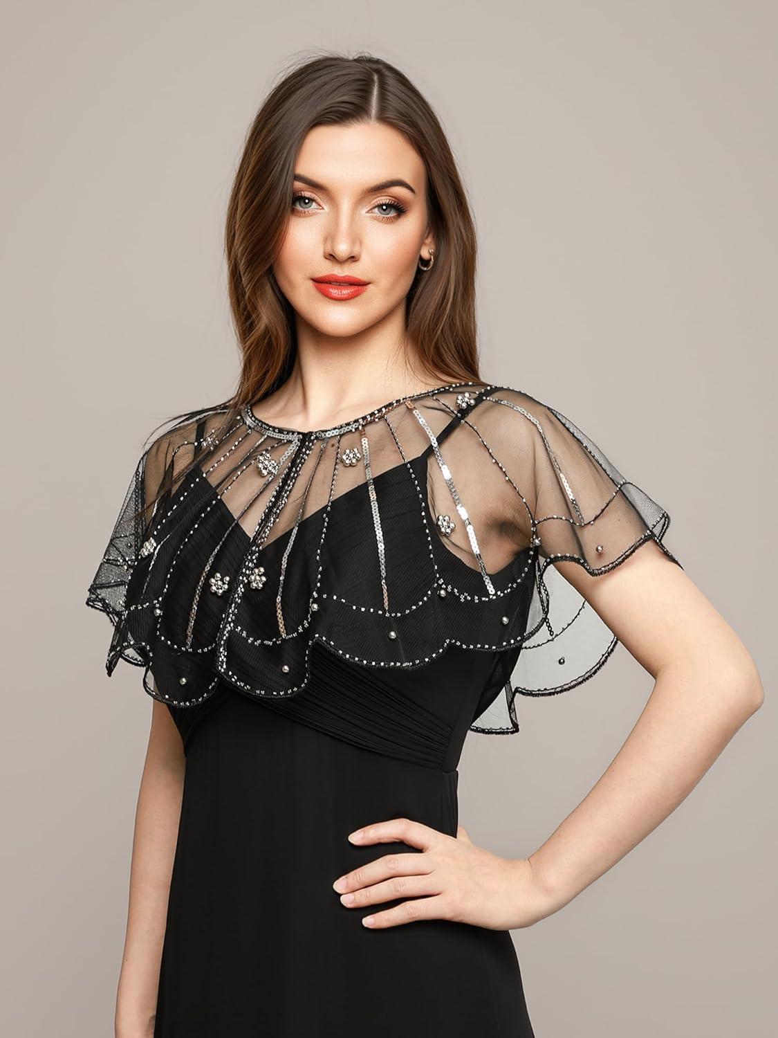 imageEverPretty Womens Sparkly Sequin Mesh Capelet Shawl for Gatsby Accessories for Harlem Night 02718Black