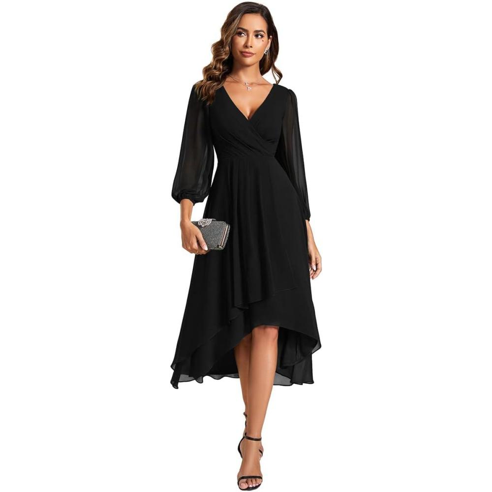 imageEver Pretty Womens Chiffon V Neck Long Sleeves ALine Midi Length Wedding Guest Dress Cocktail Party Formal Dresses 01926Black