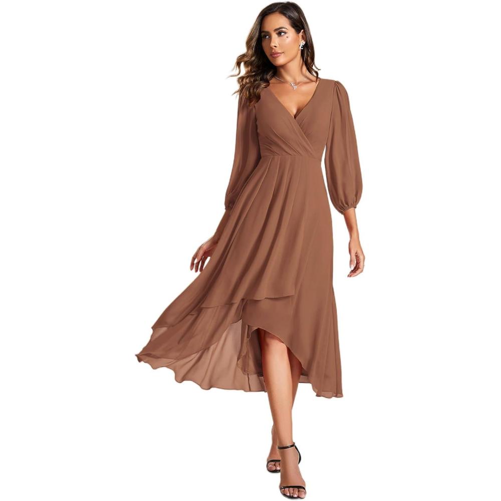 imageEver Pretty Womens Chiffon V Neck Long Sleeves ALine Midi Length Wedding Guest Dress Cocktail Party Formal Dresses 01926Brown