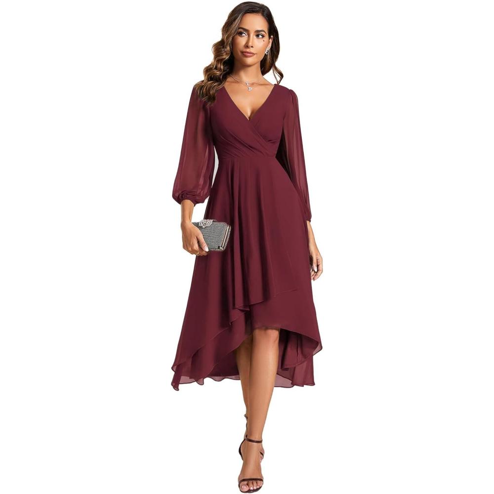 imageEver Pretty Womens Chiffon V Neck Long Sleeves ALine Midi Length Wedding Guest Dress Cocktail Party Formal Dresses 01926Burgundy
