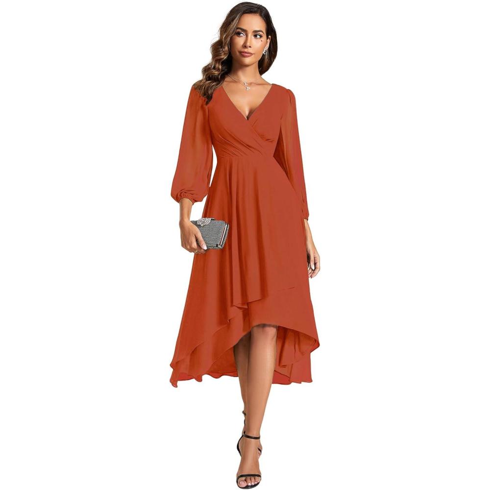 imageEver Pretty Womens Chiffon V Neck Long Sleeves ALine Midi Length Wedding Guest Dress Cocktail Party Formal Dresses 01926Burnt Orange