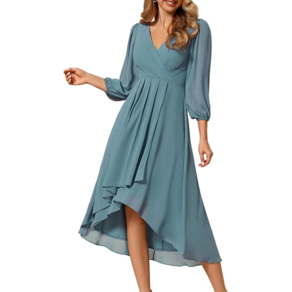 imageEver Pretty Womens Chiffon V Neck Long Sleeves ALine Midi Length Wedding Guest Dress Cocktail Party Formal Dresses 01926Dusty Blue