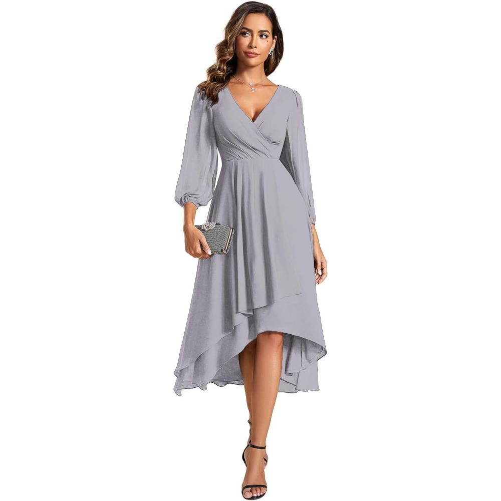 imageEver Pretty Womens Chiffon V Neck Long Sleeves ALine Midi Length Wedding Guest Dress Cocktail Party Formal Dresses 01926Grey