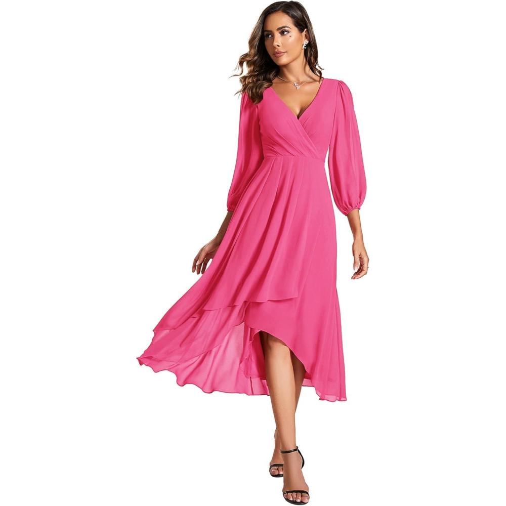 imageEver Pretty Womens Chiffon V Neck Long Sleeves ALine Midi Length Wedding Guest Dress Cocktail Party Formal Dresses 01926Hot Pink
