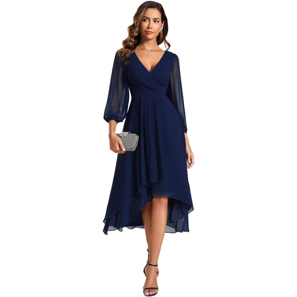 imageEver Pretty Womens Chiffon V Neck Long Sleeves ALine Midi Length Wedding Guest Dress Cocktail Party Formal Dresses 01926Navy Blue