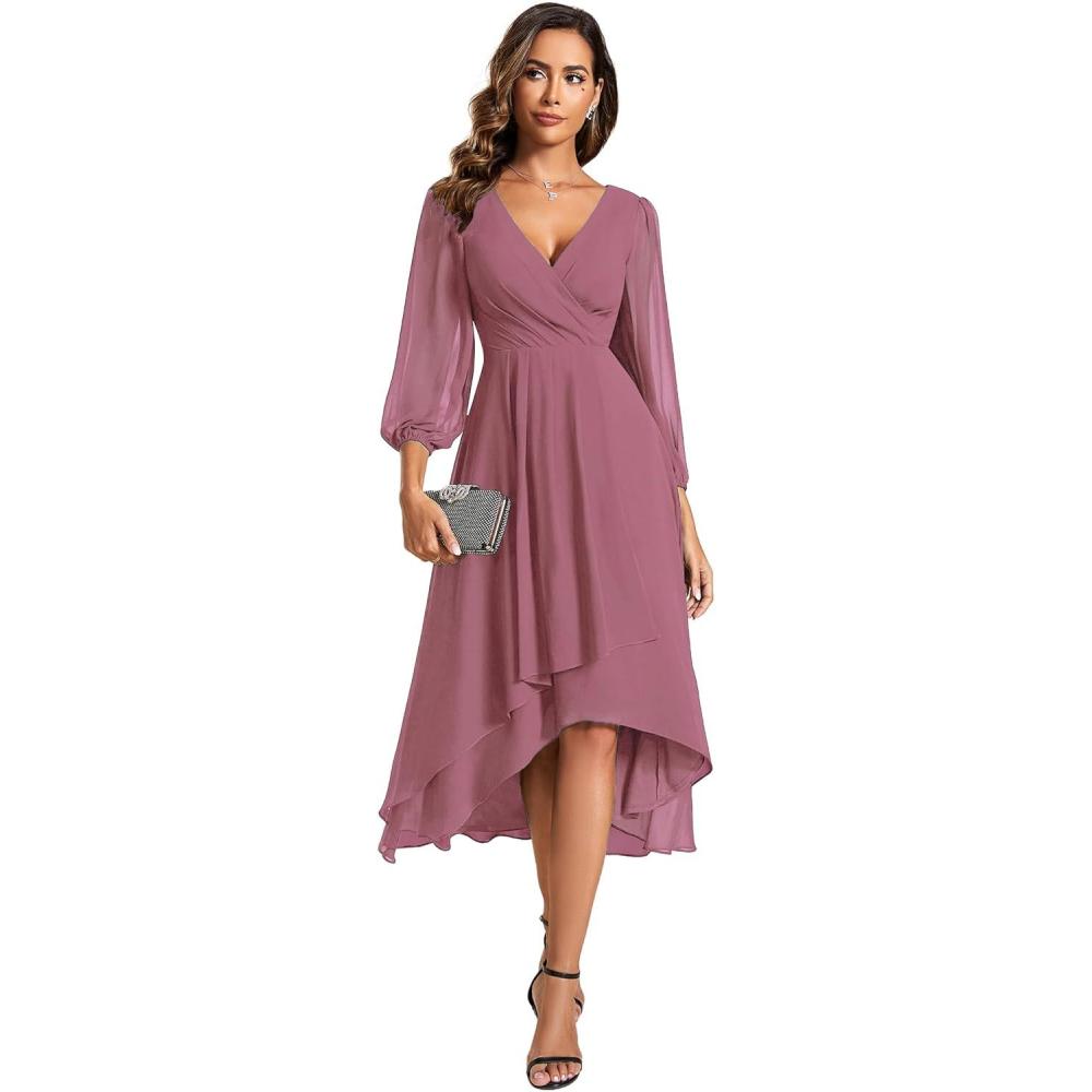 imageEver Pretty Womens Chiffon V Neck Long Sleeves ALine Midi Length Wedding Guest Dress Cocktail Party Formal Dresses 01926Orchid