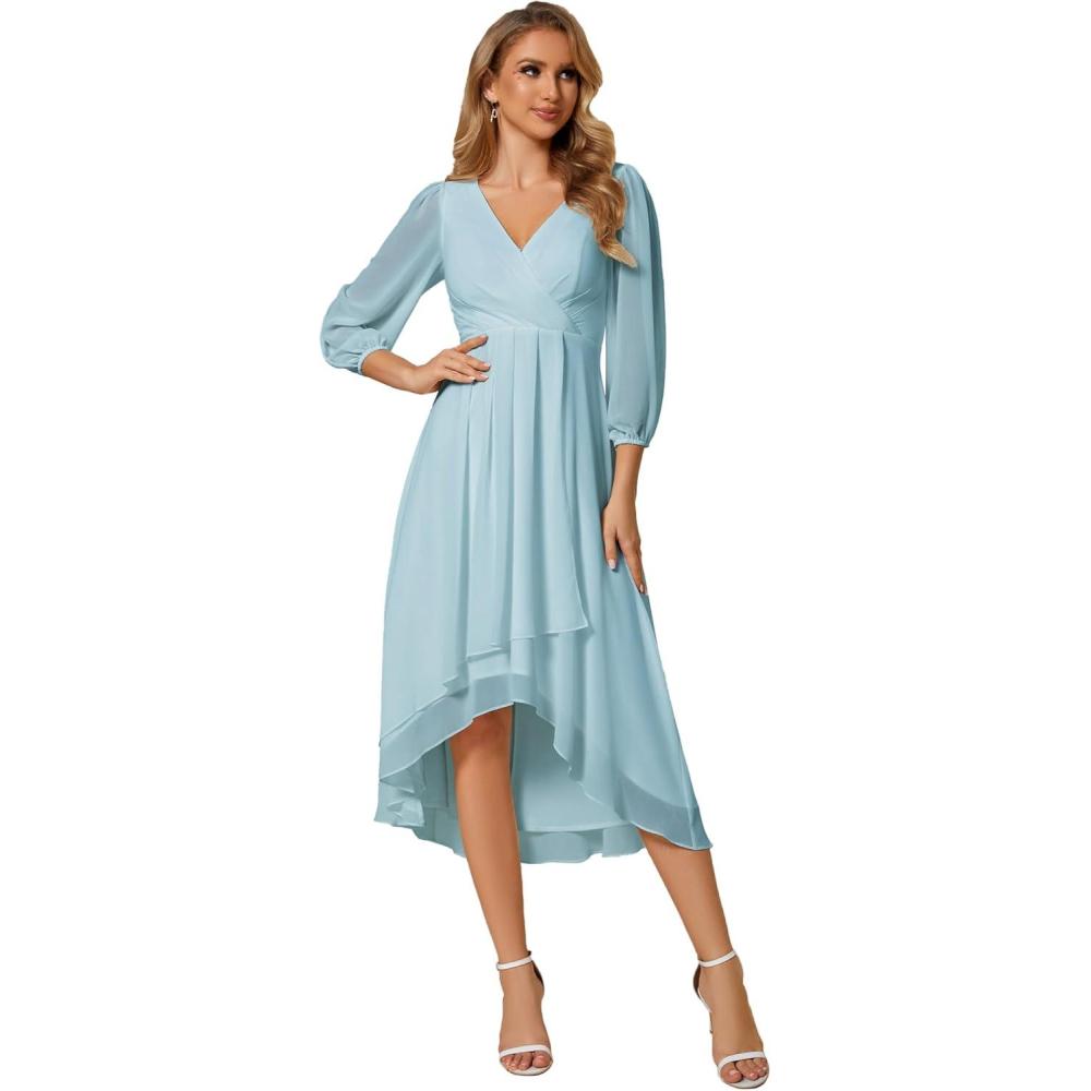 imageEver Pretty Womens Chiffon V Neck Long Sleeves ALine Midi Length Wedding Guest Dress Cocktail Party Formal Dresses 01926Sky Blue