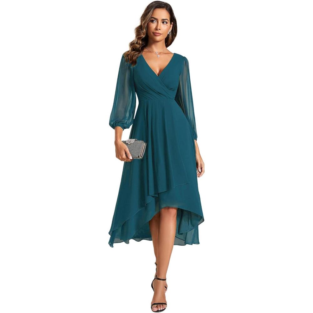imageEver Pretty Womens Chiffon V Neck Long Sleeves ALine Midi Length Wedding Guest Dress Cocktail Party Formal Dresses 01926Teal