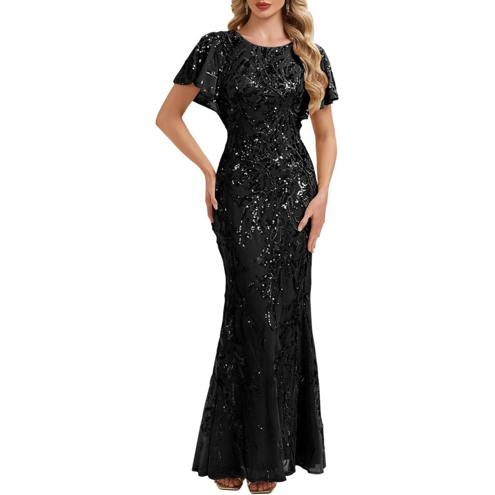 imageEverPretty Forma Dresses for Women Round Neck Sequin Short Sleeves Mermaid Evening Gowns Mother of Bride Dress 02585Black