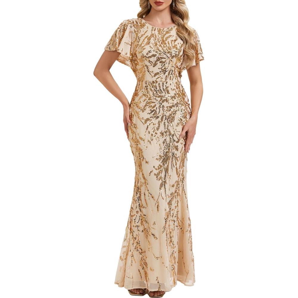 imageEverPretty Forma Dresses for Women Round Neck Sequin Short Sleeves Mermaid Evening Gowns Mother of Bride Dress 02585Gold