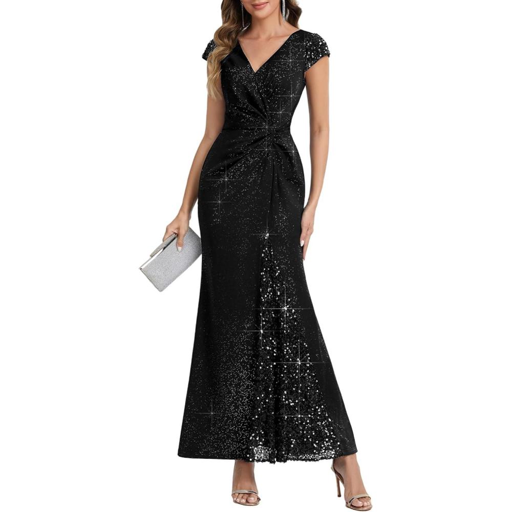 imageEverPretty Formal Dresses for Women Glitter VNeck Sequin Cap Sleeves Floor Length Stretchy Wedding Guest Dress 02657Black