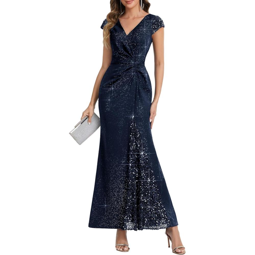 imageEverPretty Formal Dresses for Women Glitter VNeck Sequin Cap Sleeves Floor Length Stretchy Wedding Guest Dress 02657Navy Blue