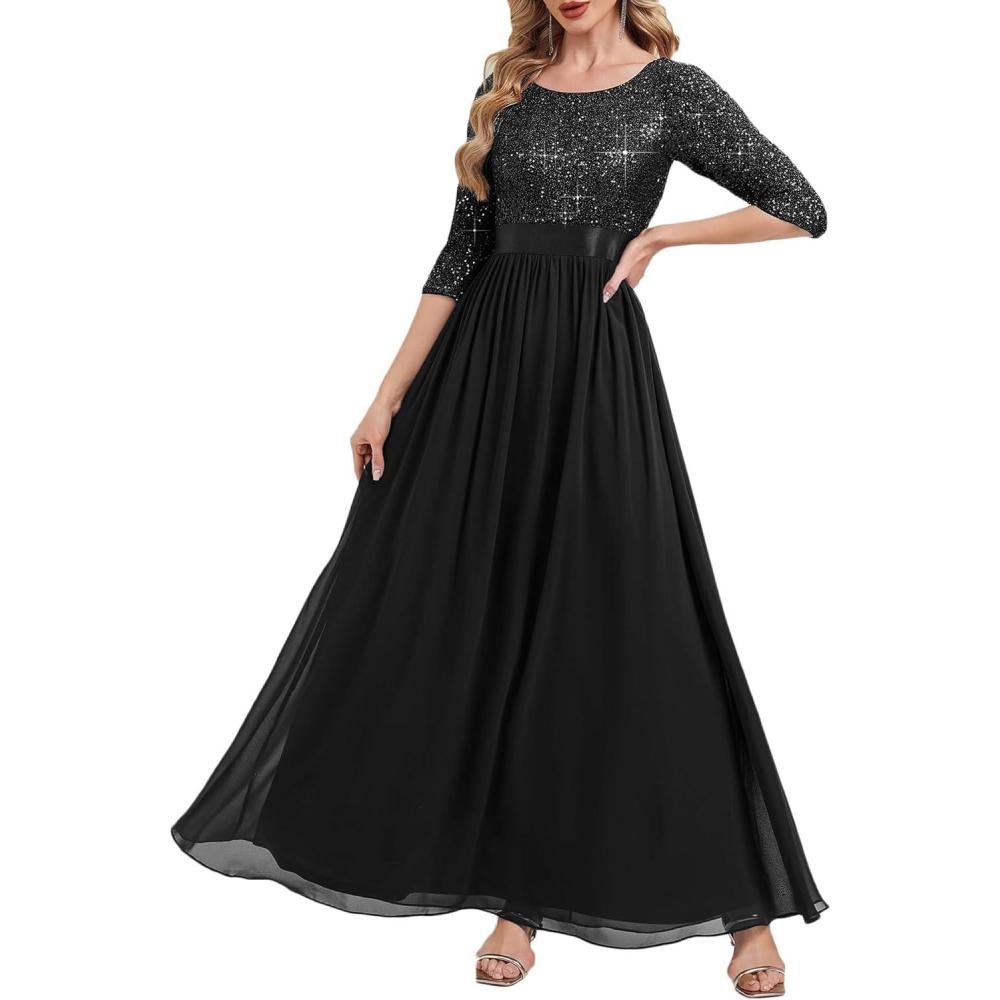 imageEverPretty Formal Dresses for Women Sequin A Line Crew Neck Evening Gown Mother of Bride Dress 00686Black