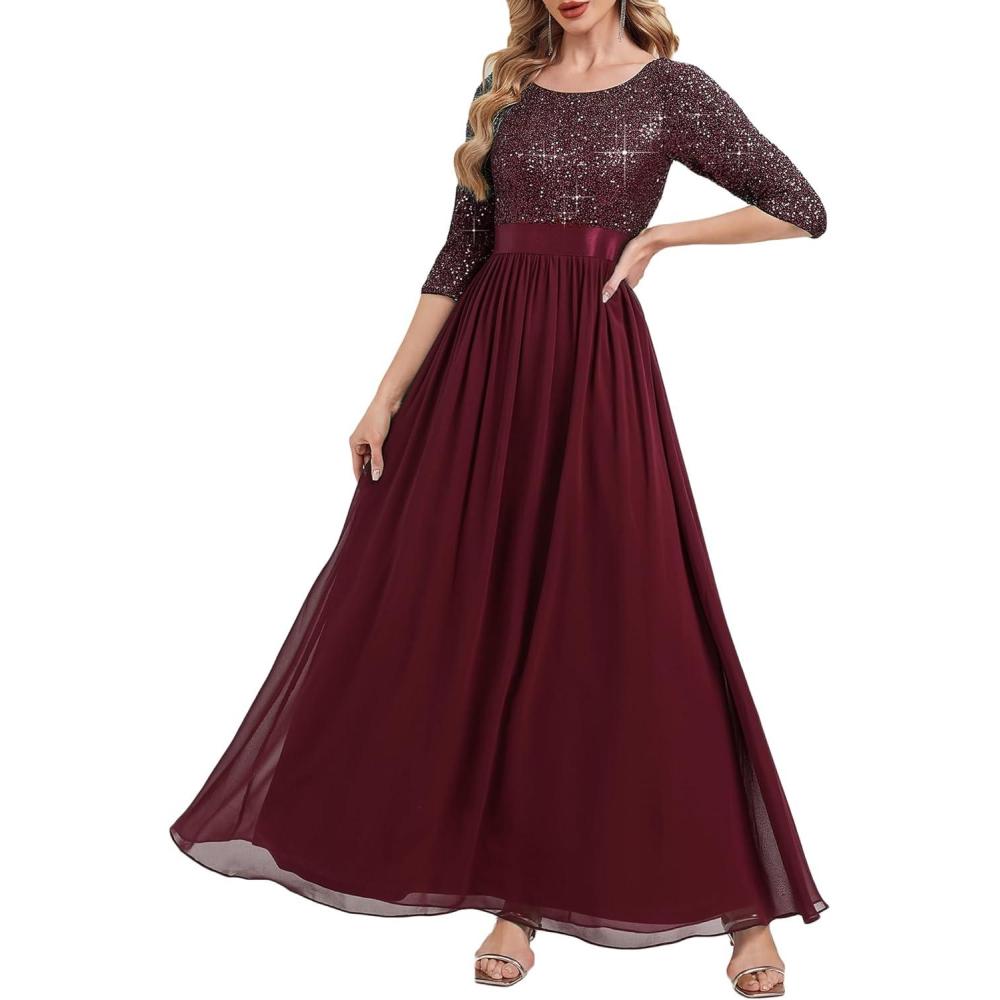 imageEverPretty Formal Dresses for Women Sequin A Line Crew Neck Evening Gown Mother of Bride Dress 00686Burgundy