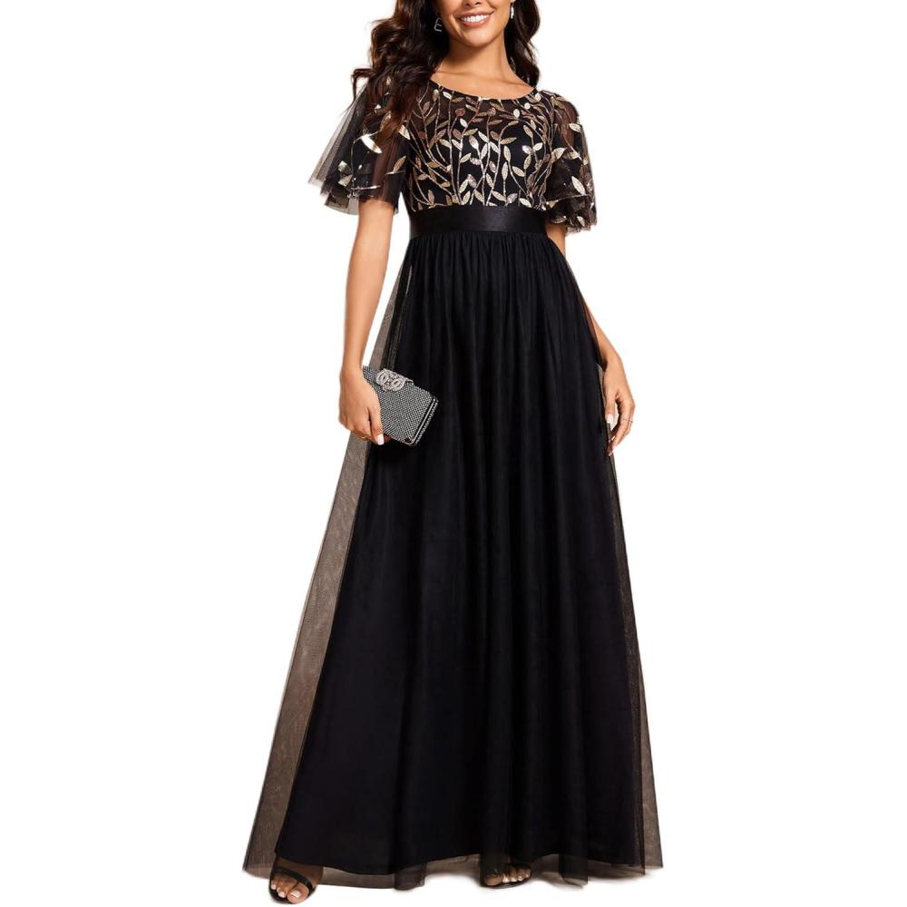 imageEverPretty Formal Dresses for Women Sequin Ruffle Sleeves Empire Waist ALine Long Evening Gowns Mother of Bride DressBlack Gold