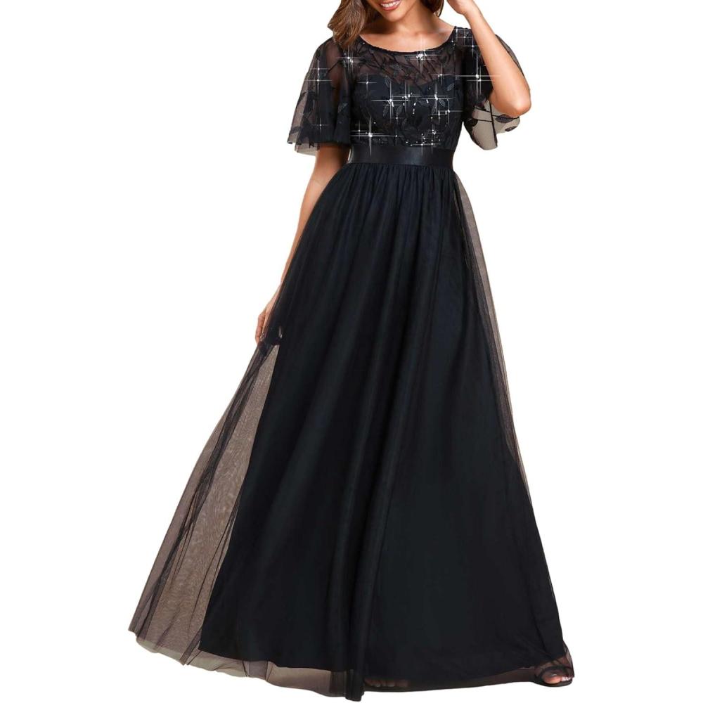 imageEverPretty Formal Dresses for Women Sequin Ruffle Sleeves Empire Waist ALine Long Evening Gowns Mother of Bride DressBlack1
