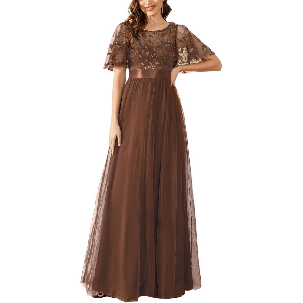 imageEverPretty Formal Dresses for Women Sequin Ruffle Sleeves Empire Waist ALine Long Evening Gowns Mother of Bride DressBrown