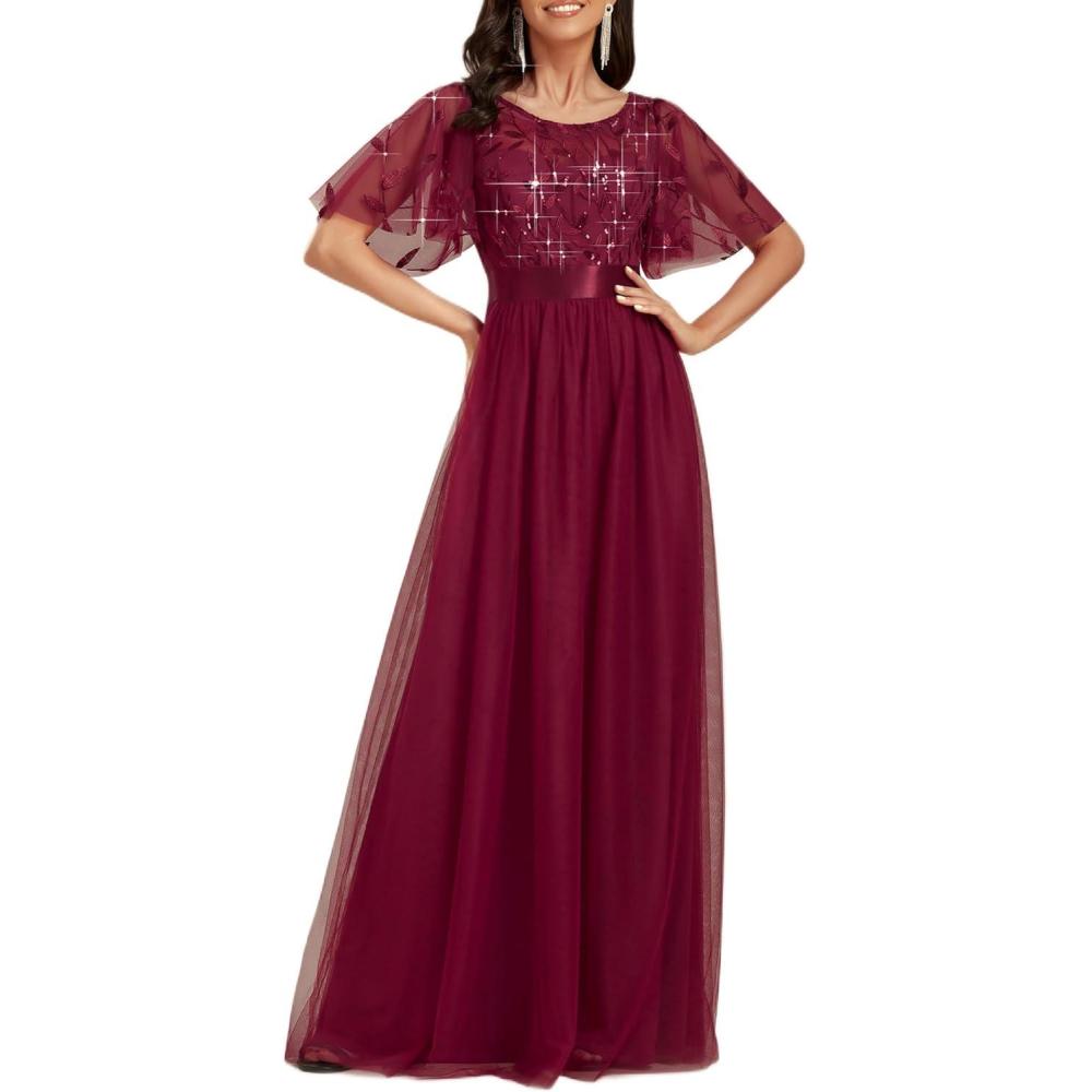 imageEverPretty Formal Dresses for Women Sequin Ruffle Sleeves Empire Waist ALine Long Evening Gowns Mother of Bride DressBurgundy
