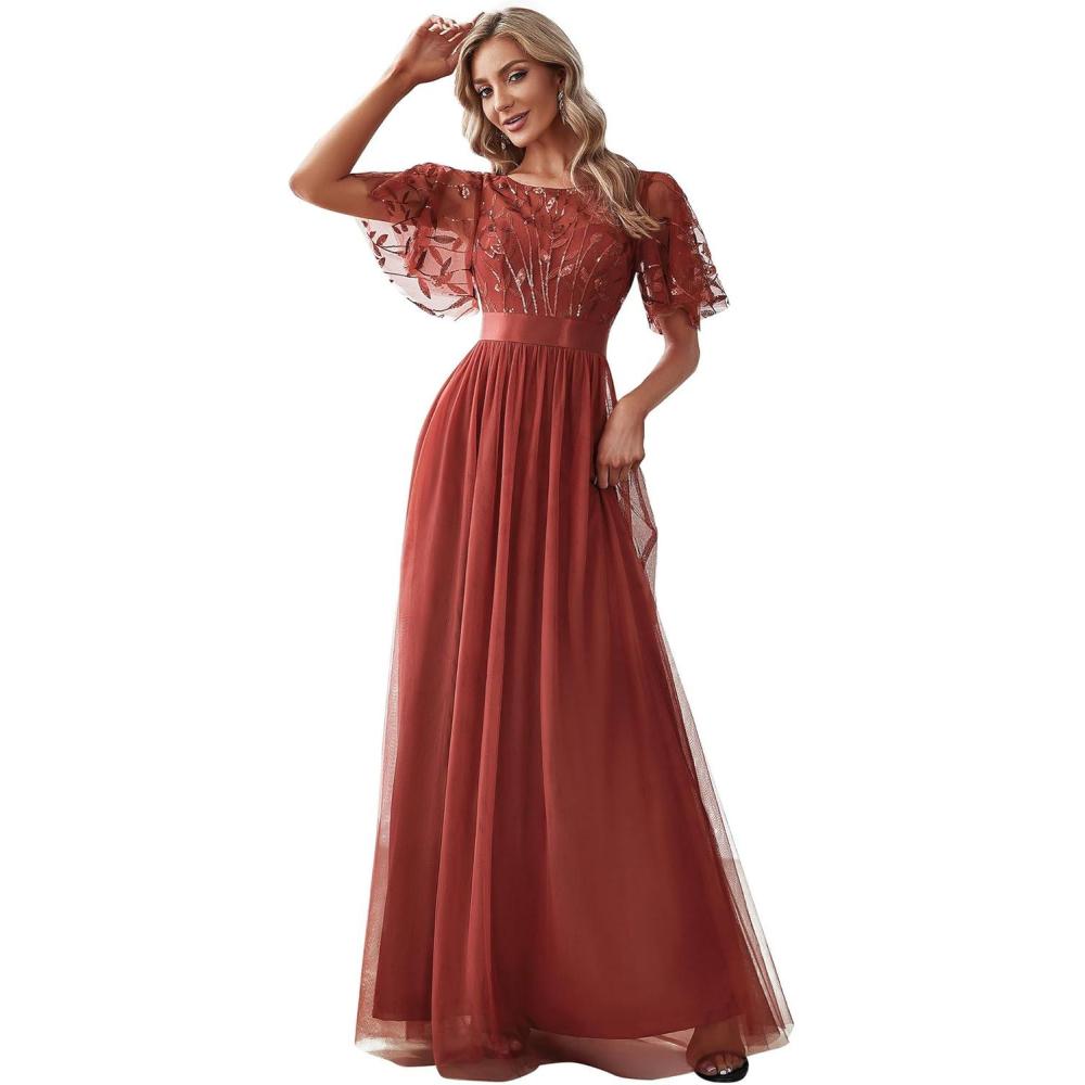 imageEverPretty Formal Dresses for Women Sequin Ruffle Sleeves Empire Waist ALine Long Evening Gowns Mother of Bride DressBurnt Orange