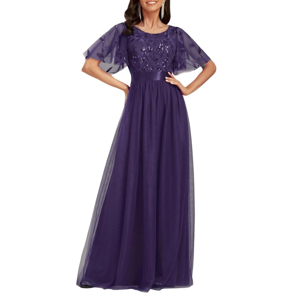 imageEverPretty Formal Dresses for Women Sequin Ruffle Sleeves Empire Waist ALine Long Evening Gowns Mother of Bride DressDark Purple